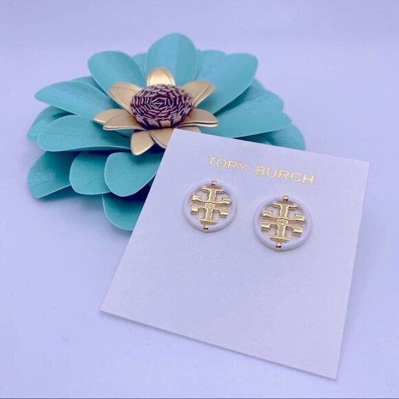 NWOT Tory Burch Gold Double T With White Enamel Trim Round Earrings - Picture 5 of 8